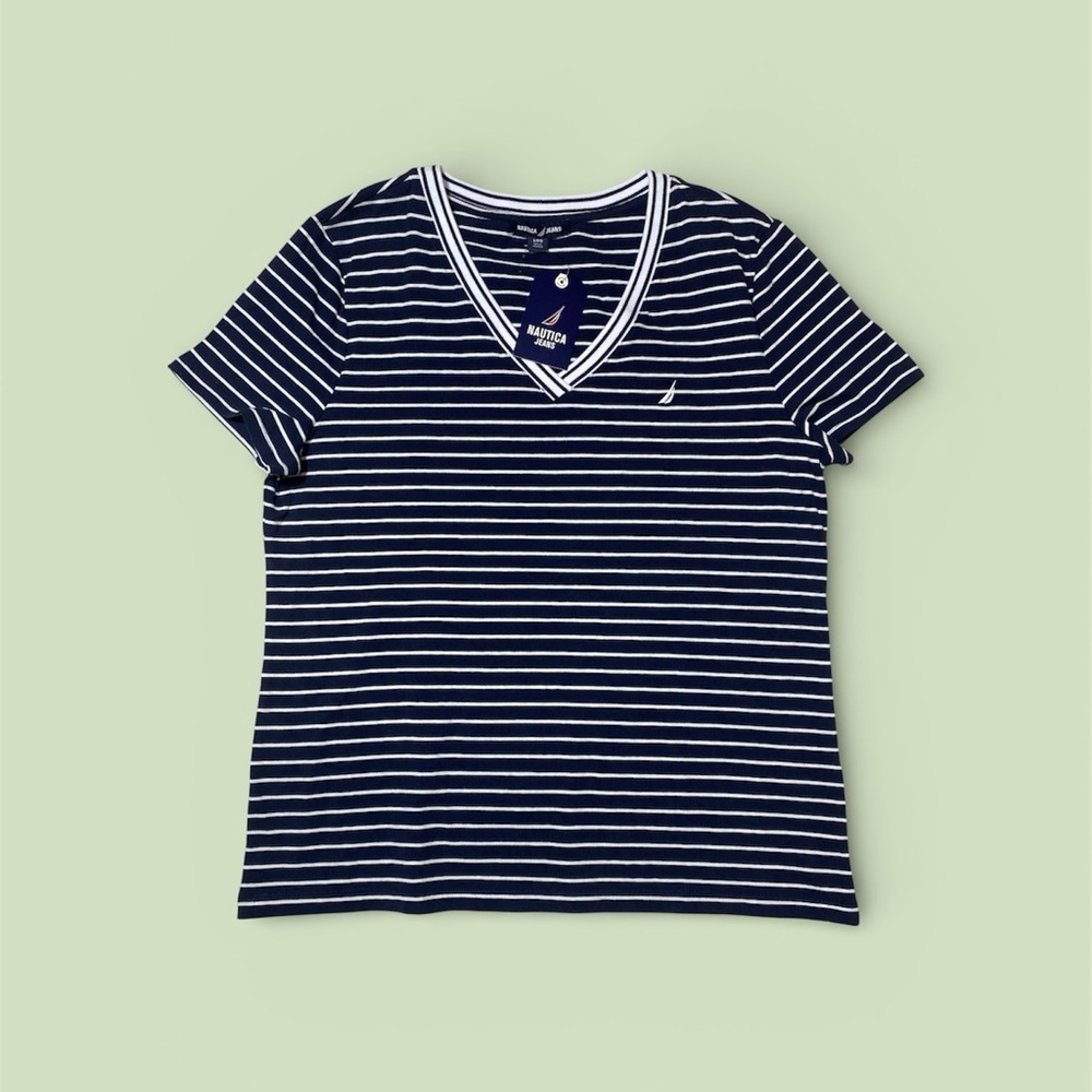 Nautica blue and White Striped V-Neck Tee